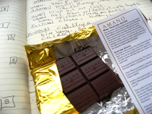 A chocolate tasting in progress:  Amano's tasting guide, a notebook, and, of course, the chocolate.